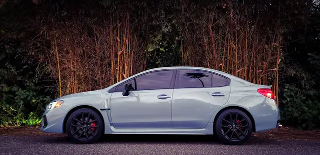 Grey Subaru WRX side profile at dusk in front of bamboo