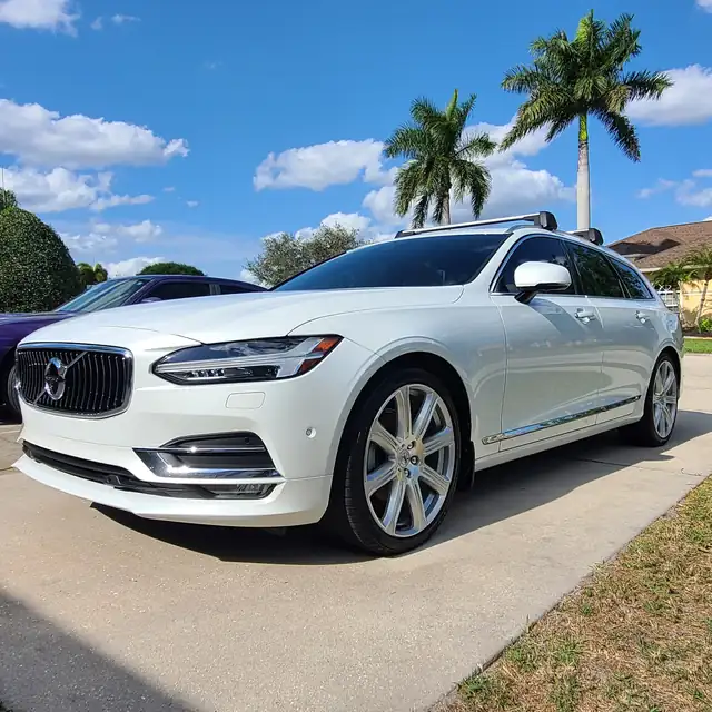 White Volvo wagon under royal palms after a complete detail